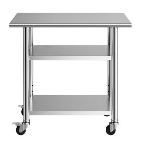 Stainless Steel Work Table, 24x36 Inch Food Prep Table with 2 Shelves and Wheels, Commercial Kitchen Workstation, Metal Heavy Duty Utility Workta