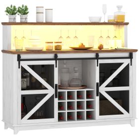 55" Coffee Bar Cabinet with Lights, Farmhouse Wine Cabinet with Wine and Glass Racks for Kitchen, Dining Room, White